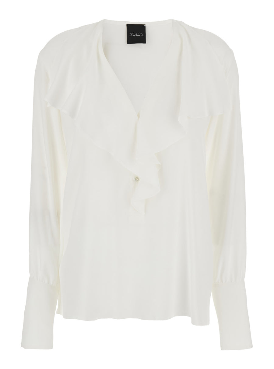 Shirt With Ruffles, White Silk-Blend Acetate Blouses
