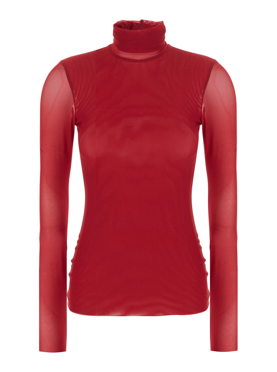 Top Mesh High Neck Red Tops
