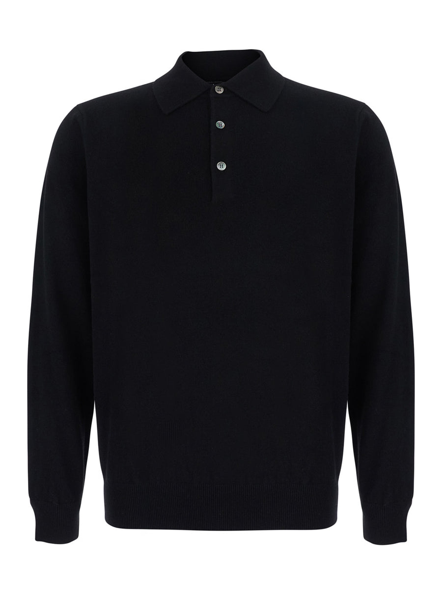Polo Neck Merino Cashmere Sweater Black Wool Top
