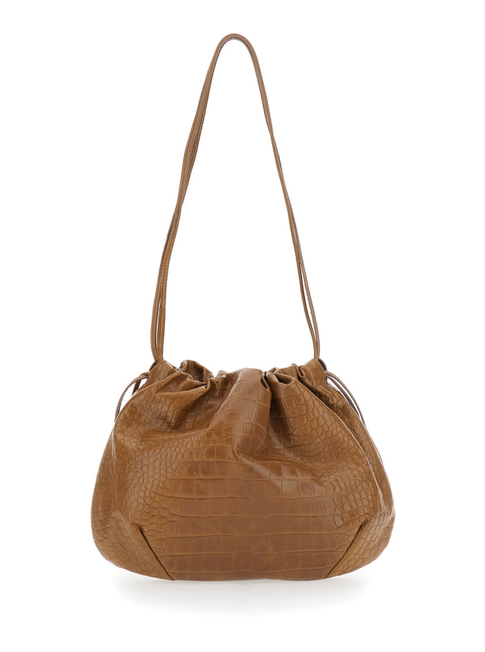 Brown Clutch With Charm And Drawstring Closure Leather For Women Calf Clutches Pochettes