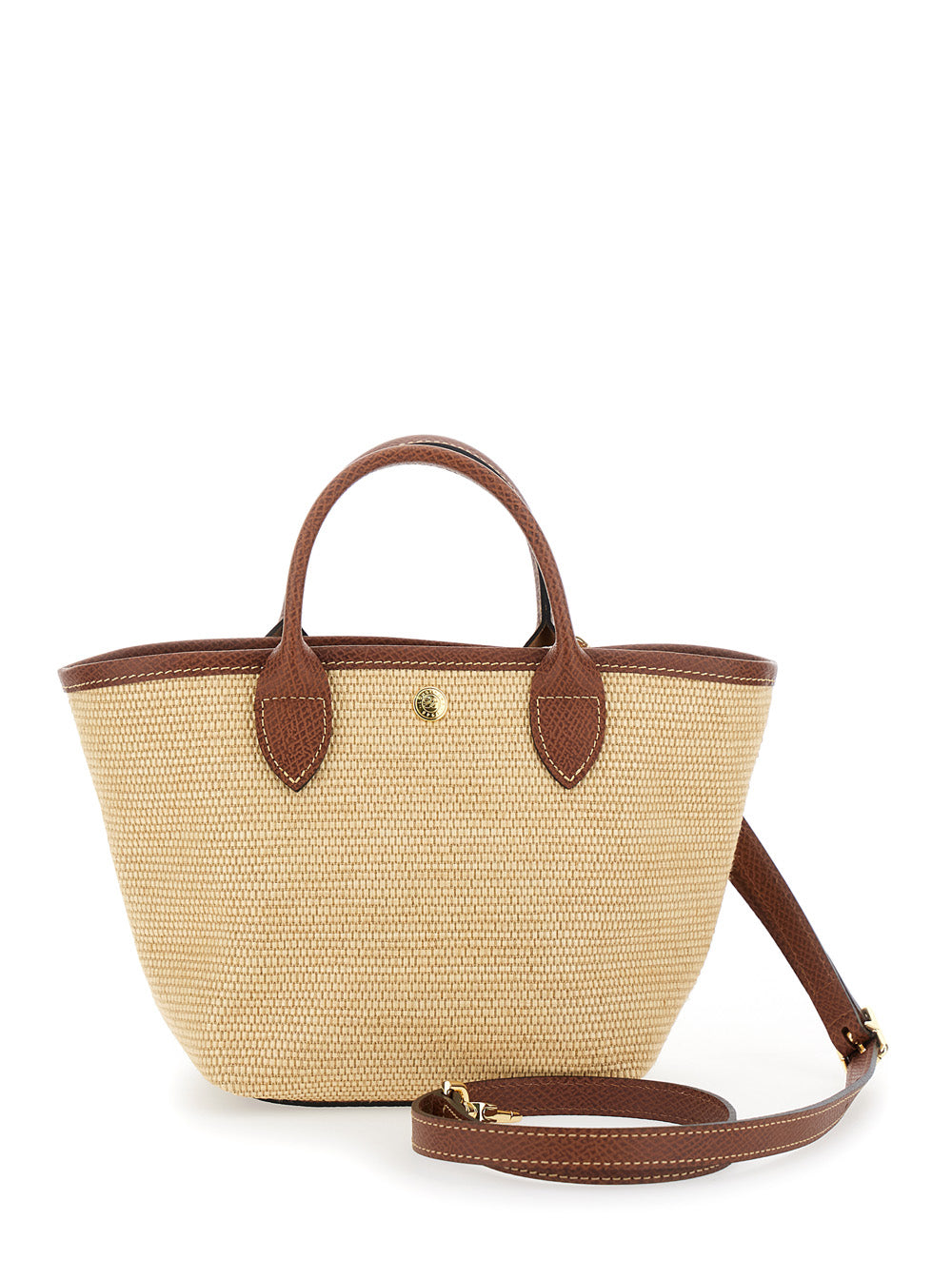 Brown Leather Handle Shopper Bag For Women Cotton Polyamide Tote