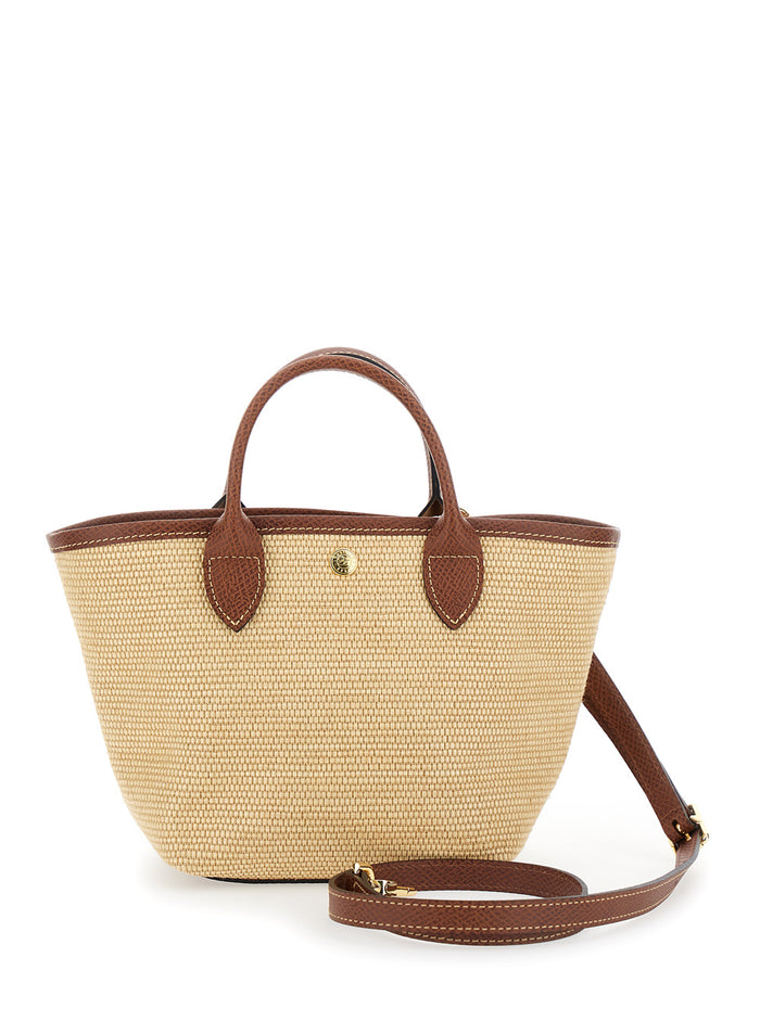 Brown Leather Handle Shopper Bag For Women Cotton Polyamide Tote