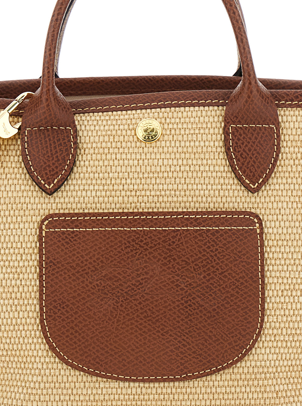 Brown Leather Handle Shopper Bag For Women Cotton Polyamide Tote