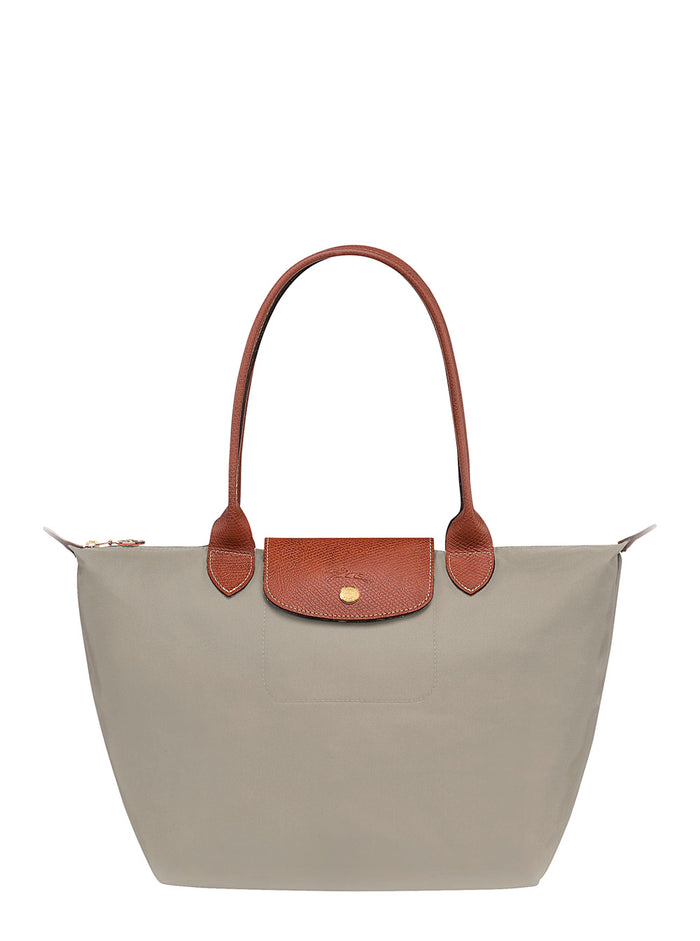 Tote Bag Le Pilage Original Medium With Two Top Handles And Logo Printed On The Front Grey Canvas For Women Leather Shoulder