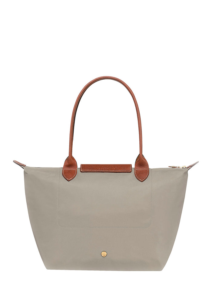 Tote Bag Le Pilage Original Medium With Two Top Handles And Logo Printed On The Front Grey Canvas For Women Leather Shoulder