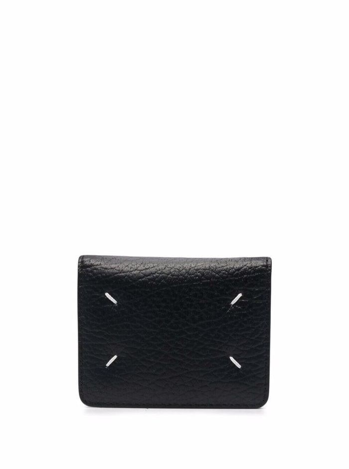Bifold Wallet With Stitching Detail And Clasp Grained Black Leather For Women Calf Products
