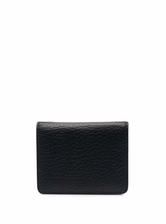Bifold Wallet With Stitching Detail And Clasp Grained Black Leather For Women Calf Products