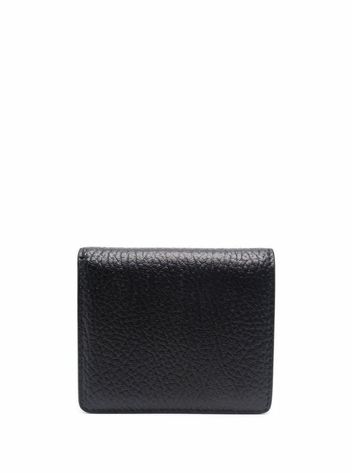 Bi-Fold Wallet With Four Stitching Points And Logo Lettering Embossed Inside Grained Black Leather Woman Calf Products