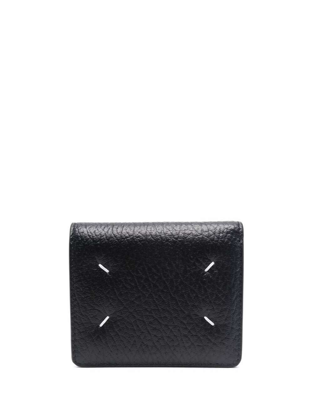 Bi-Fold Wallet With Four Stitching Points And Logo Lettering Embossed Inside Grained Black Leather Woman Calf Products