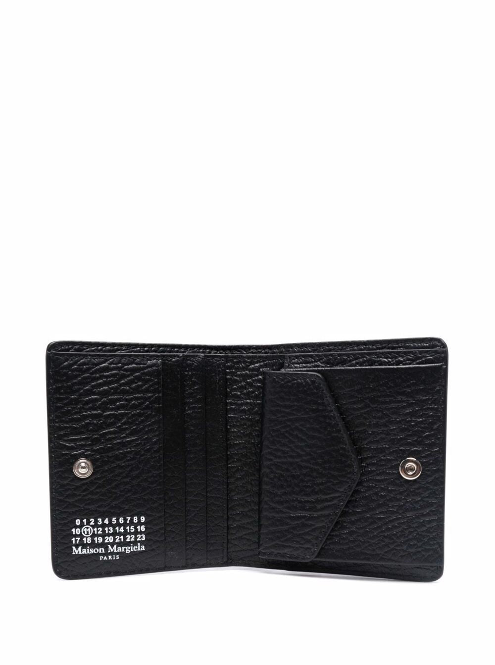 Bi-Fold Wallet With Four Stitching Points And Logo Lettering Embossed Inside Grained Black Leather Woman Calf Products