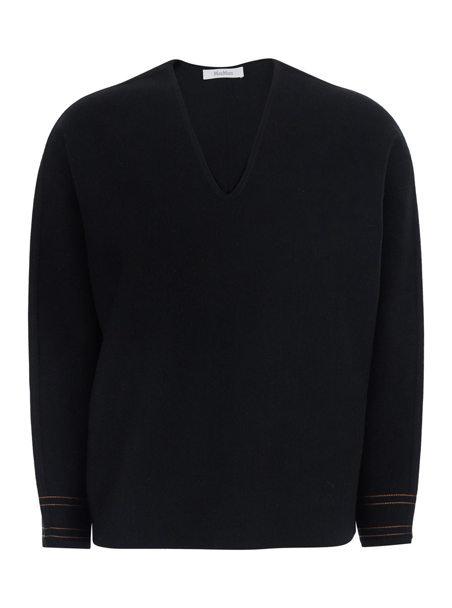 Long-Sleeve V-Neck Top Black Wool Tops