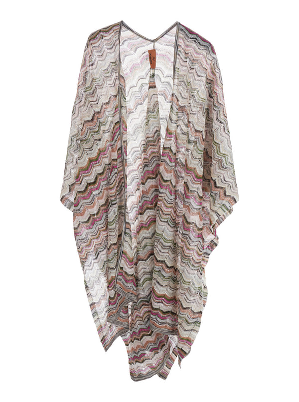 Long Poncho With Multicolour Zigzag Motif Beige Viscose Coat