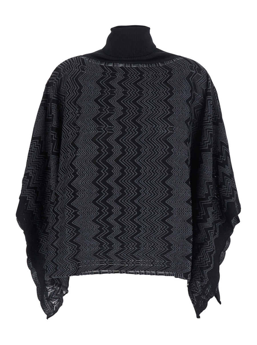 Poncho Black Wool Blend Viscose Coat