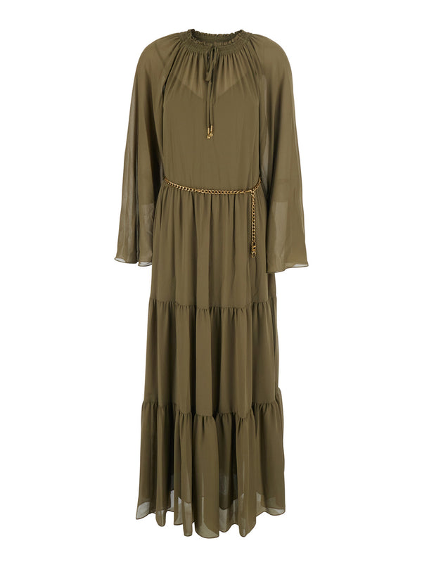 Long Dress With Bow And Chain, Green Polyester