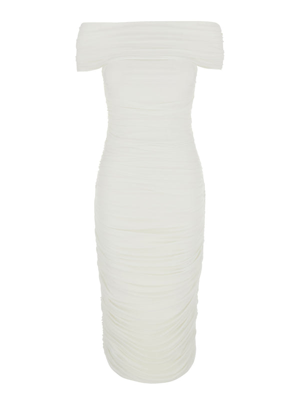 White Dress With Square Neck And Ruching Polyester