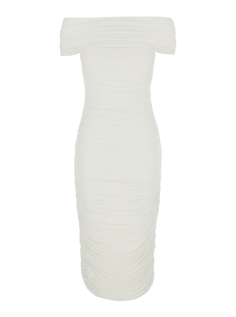 White Dress With Square Neck And Ruching Polyester