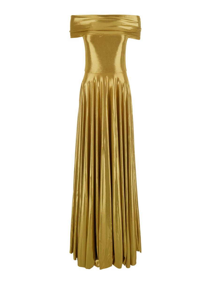 Long Dress Gold Tech Fabric Metallic Polyester