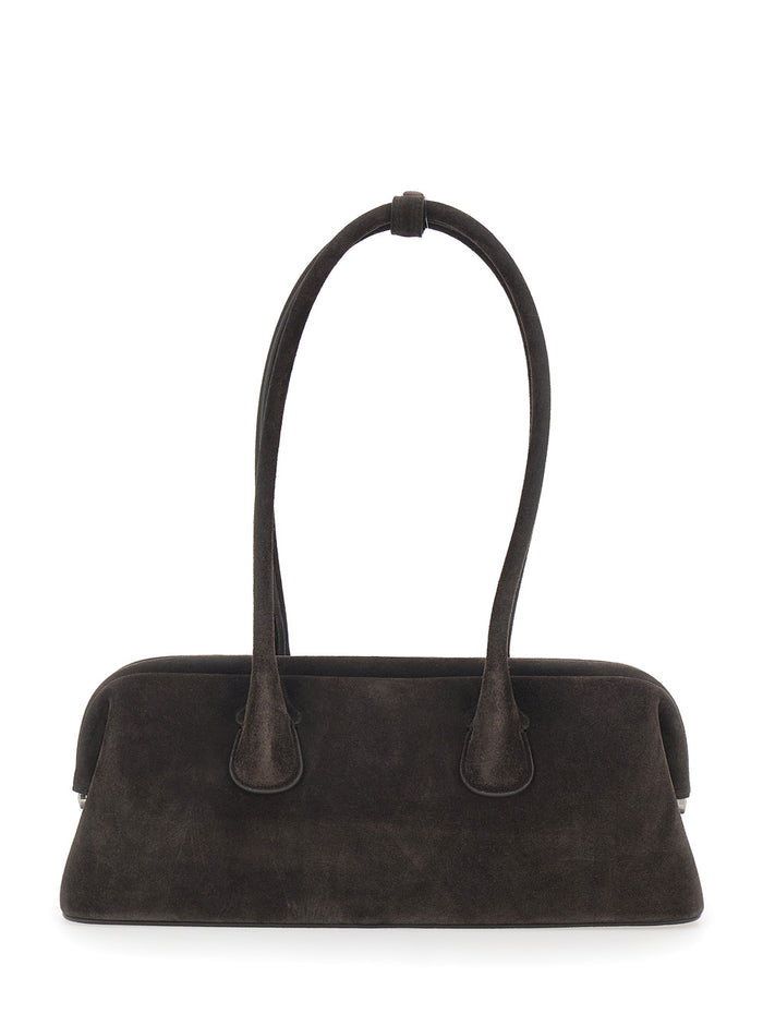 Shoulder Bag Boat Wide With Round Handles Brown Suede For Women Cow
