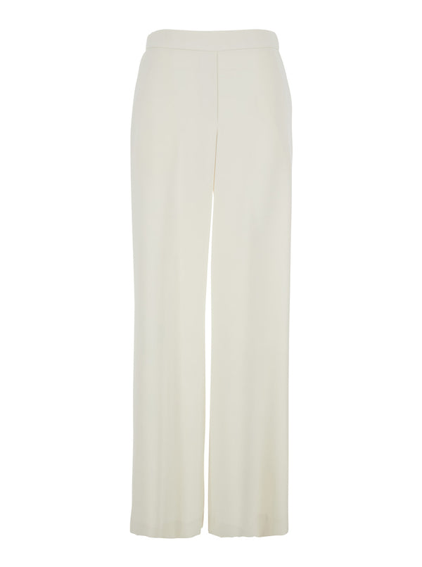 Trousers Elastic-Waist Wide-Leg White Polyester