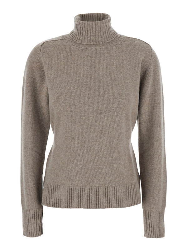 Sweater High-Neck Beige Wool Tops