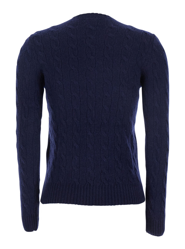 Crewneck Sweater Blue Cable Knit Wool Tops