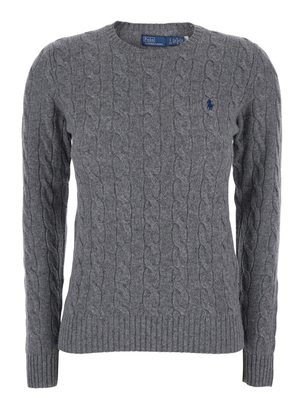 Crewneck Sweater With Pony Embroidery, Grey Wool Tops