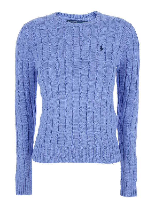 Crew Neck Sweater With Pony Embroidery Light Blue Cotton Tops