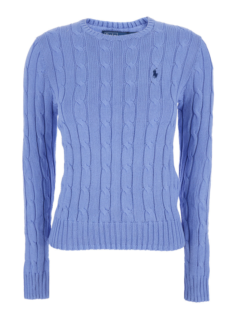 Crew Neck Sweater With Pony Embroidery Light Blue Cotton Tops