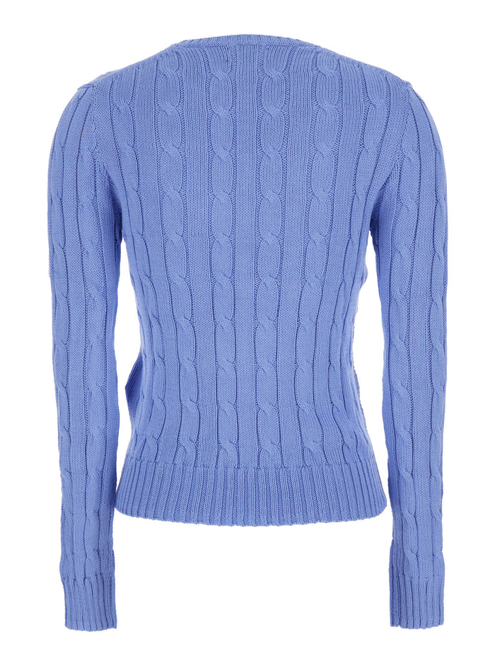 Crewneck Sweater With Pony Embroidery On The Front And Cable Knit Light Blue For Women Cotton Jersey
