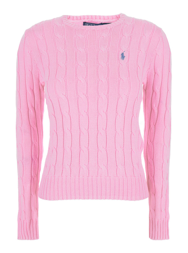 Crewneck Sweater Pink Cable Knit Cotton Tops