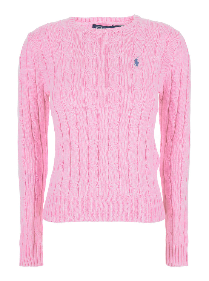 Crewneck Sweater With Pony Embroidery On The Front And Cable Knit Pink For Women Cotton Jersey