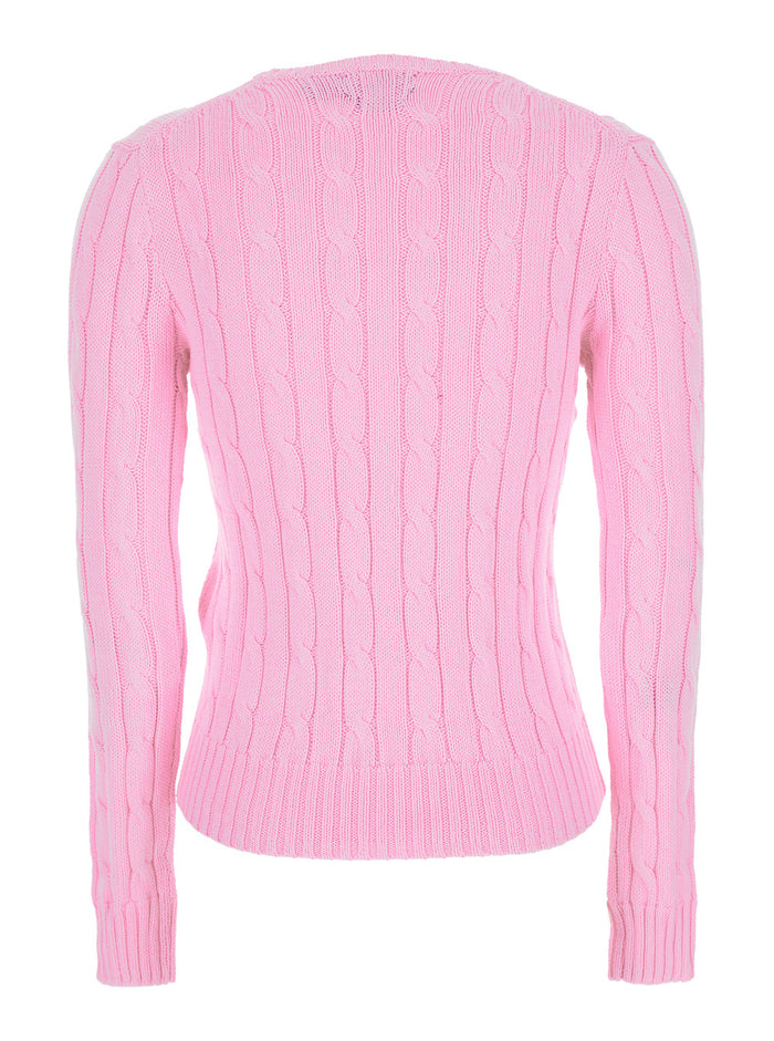 Crewneck Sweater With Pony Embroidery On The Front And Cable Knit Pink For Women Cotton Jersey