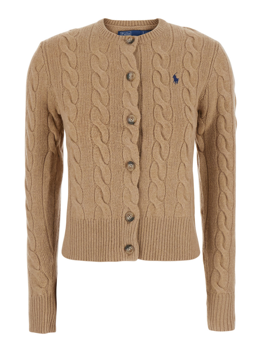 Crew Neck Cardigan Beige Wool & Cashmere And Tops