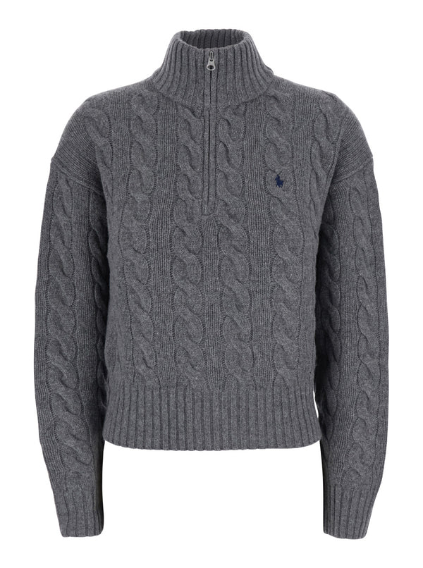 High-Neck Cable Knit Sweater Grey Wool Tops
