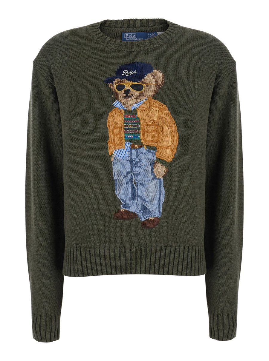 Crewneck Sweater Bear Embroidery Green Wool Tops