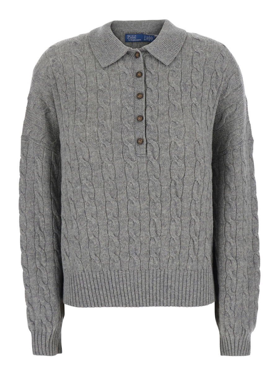 Cable Knit Wool-Cashmere Sweater Grey Tops