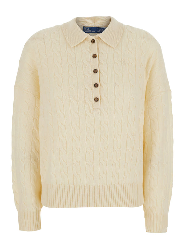 Cable Knit Sweater White Wool And Cashmere Tops