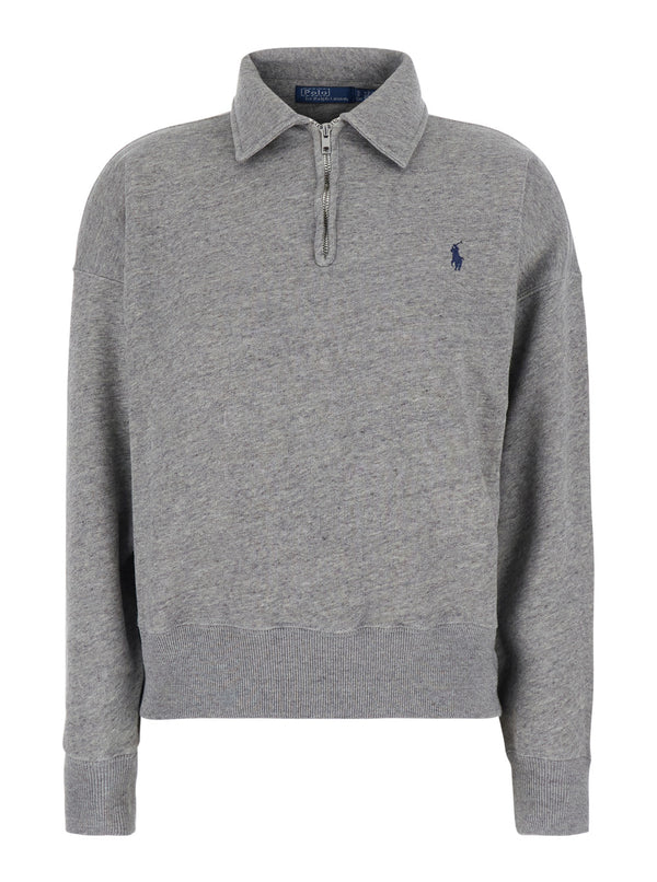 Polo-Collar Sweatshirt Grey Cotton Blend Sweatshirts