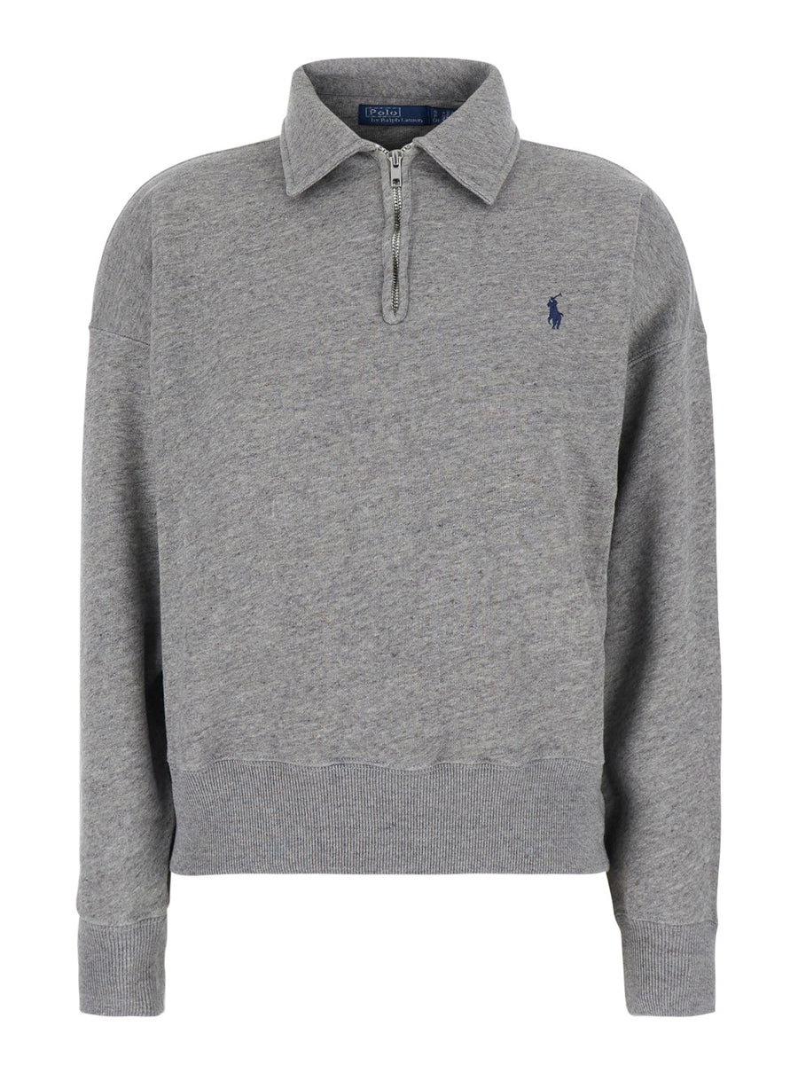 Polo-Collar Sweatshirt Grey Cotton Blend Sweatshirts