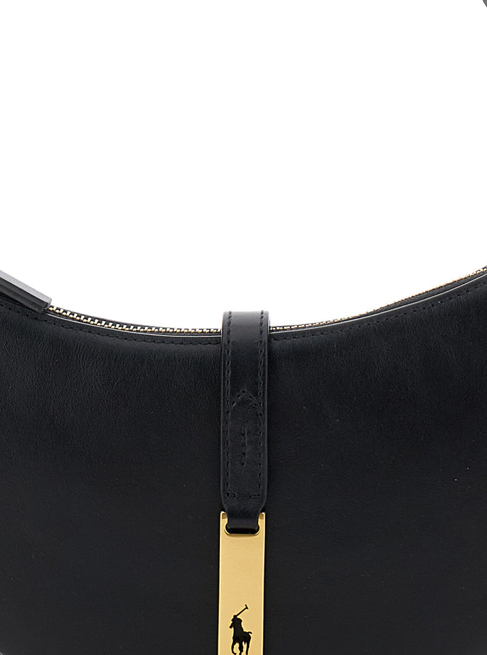 Shoulder Bag With Leather Logo Detail Smooth Black For Women Cow Hand