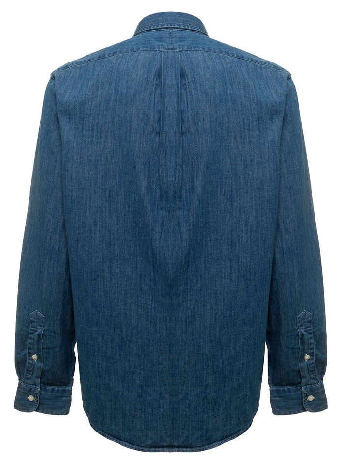 Shirt Slim Fit With Button Down Collar And Pony On The Front Blue Denim For Men Blu Blouses