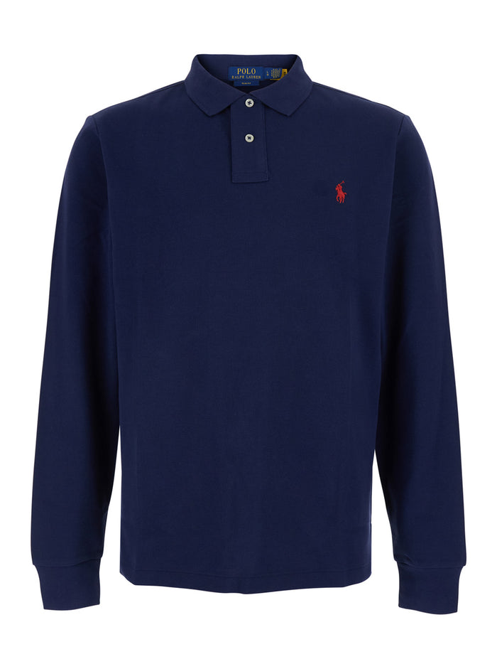 Slim Fit Blue Polo Shirt With Long Sleeves And Pony Embroidery On The Front Cotton For Men Blu Tshirts