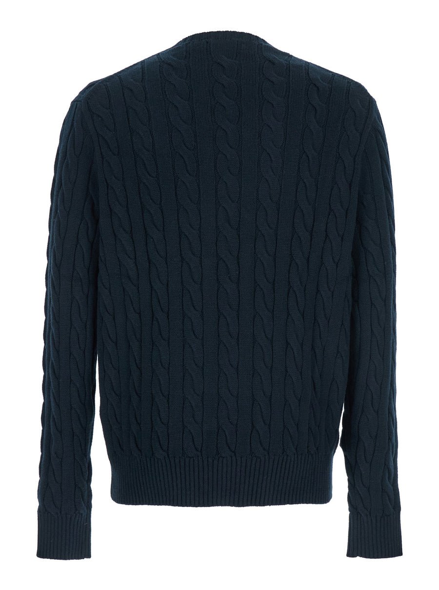 Crewneck Sweater With Pony Embroidery, Blue Cotton Tops