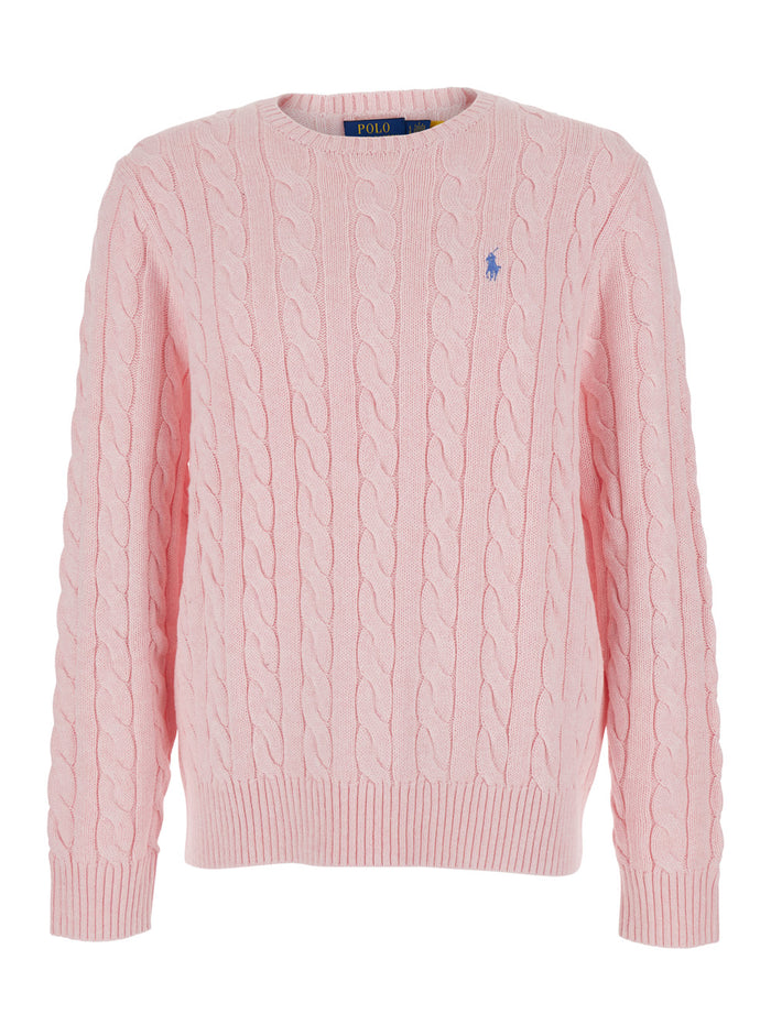 Long Sleeve-Pullover Cable Di Cotone Pink Jersey