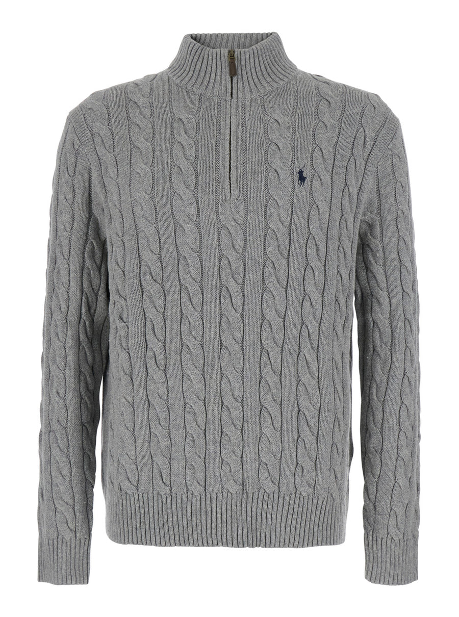 Zip Collar Sweater Grey Cotton Tops