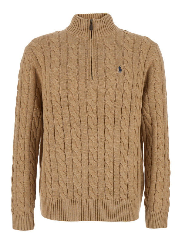 Zip Collar Cotton Sweater Beige Tops