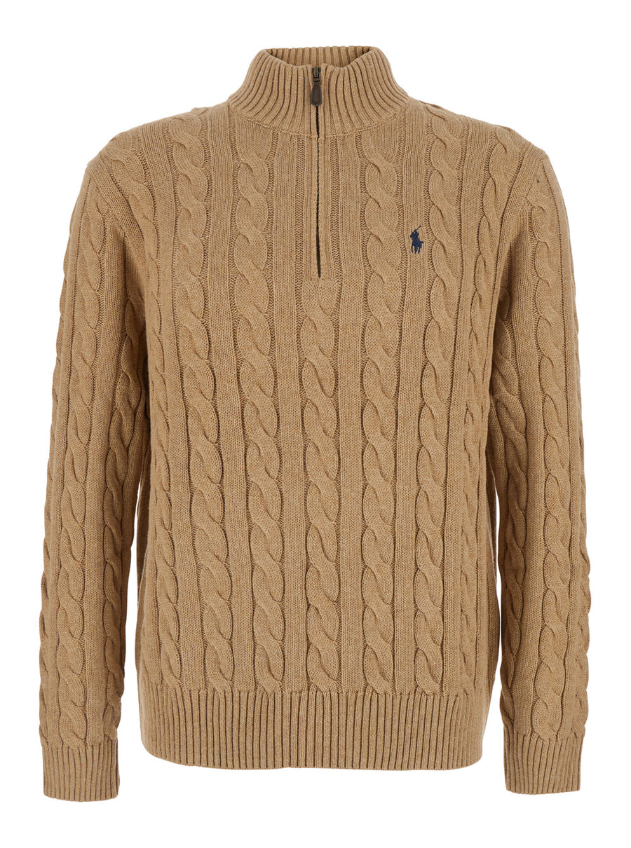 Zip Collar Cotton Sweater Beige Tops
