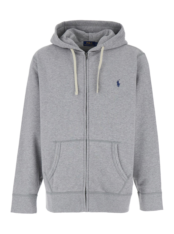 Grey Sweatshirt With Drawstring Hood And Pony Embroidery On The Front Cotton Blend Man Sweatshirts
