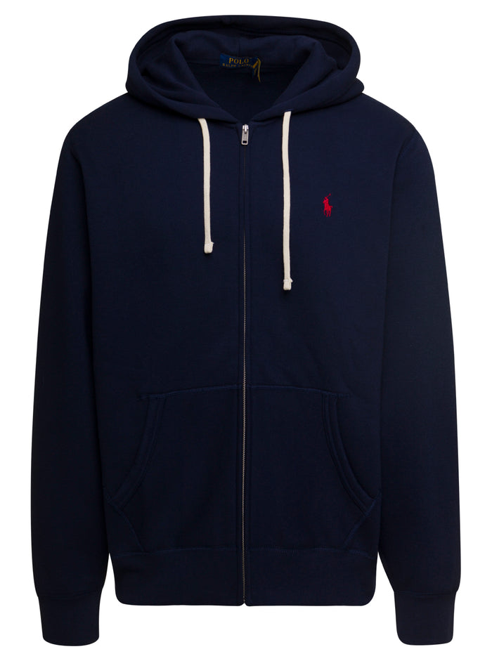 Blue Zip-Up Hoodie With Logo Embroidery Cotton Blend Man Blu Sweatshirts