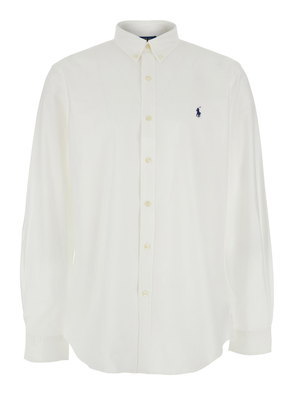 Slim Fit White Shirt With Button-Down Collar And Pony Embroidery On The Front Stretch Cotton For Men Blouses